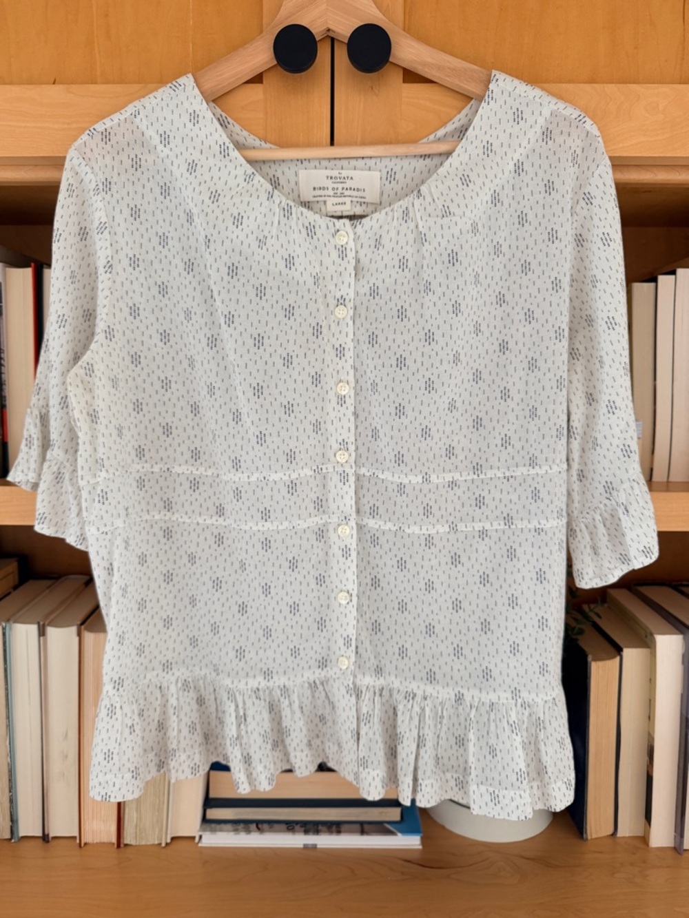 Trovata Birds of Paradise Cotton Embroidered Blue White Top L Anthropologie Chic